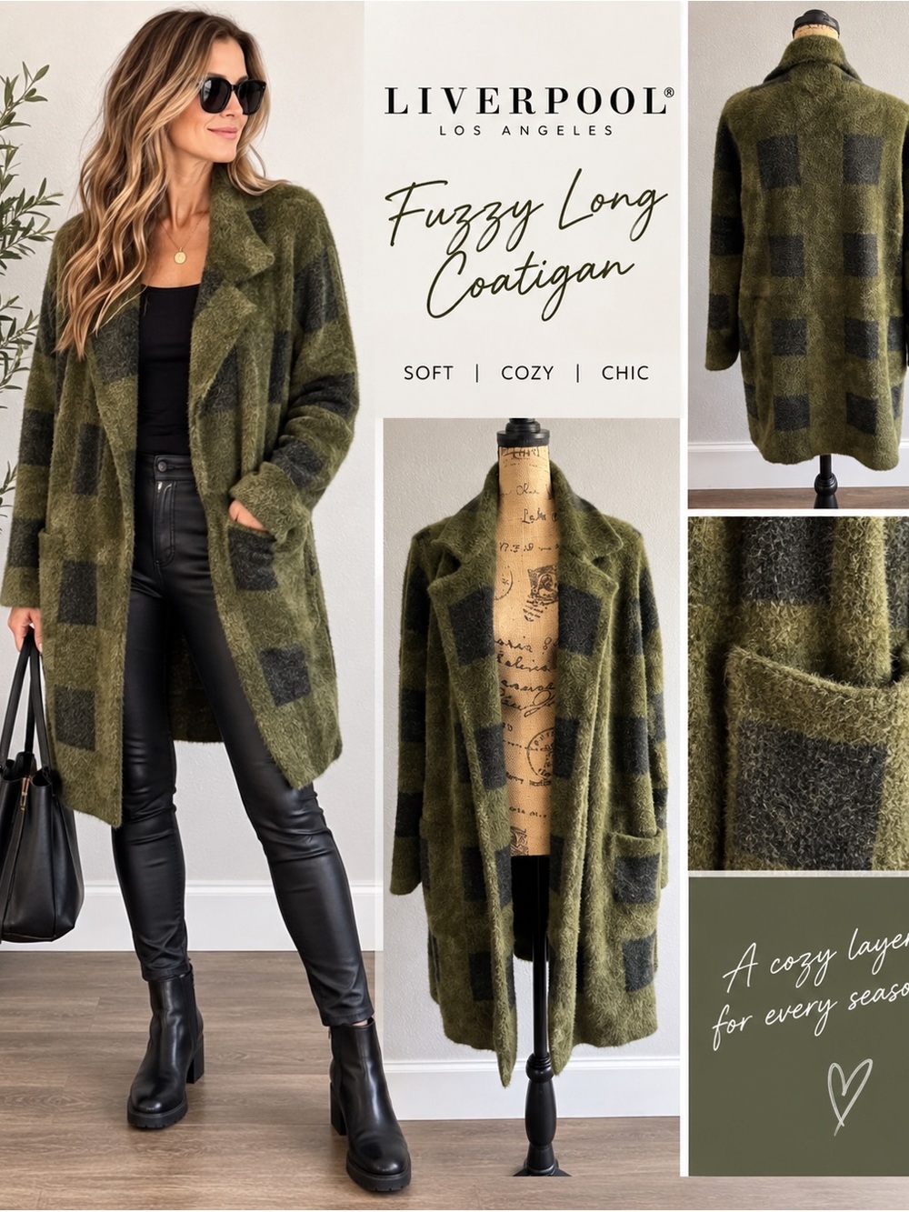 Liverpool Los Angeles Fuzzy Long Coatigan Cardigan Green Black Size L